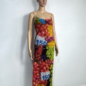 Zara Fruit Stand Print Mesh Midi Dress Ruched Size Small